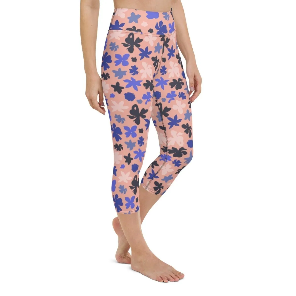 Pink Floral Women's High-Waisted Capri Yoga Pants