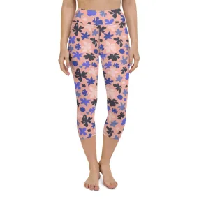 Pink Floral Women's High-Waisted Capri Yoga Pants