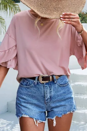 Pink Plain Ruffle Crew Neck Top