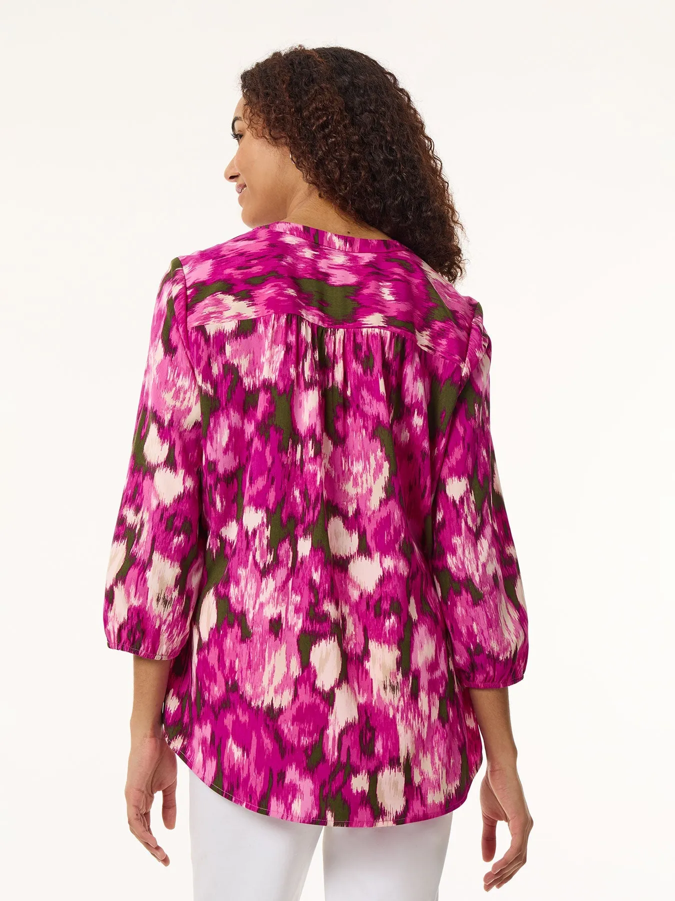 Printed V-Neck Pleated Kelly Blouse, Crepe De Chine