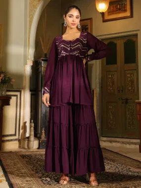 Purple Georgette Sequined Front Slit Peplum Sharara Set