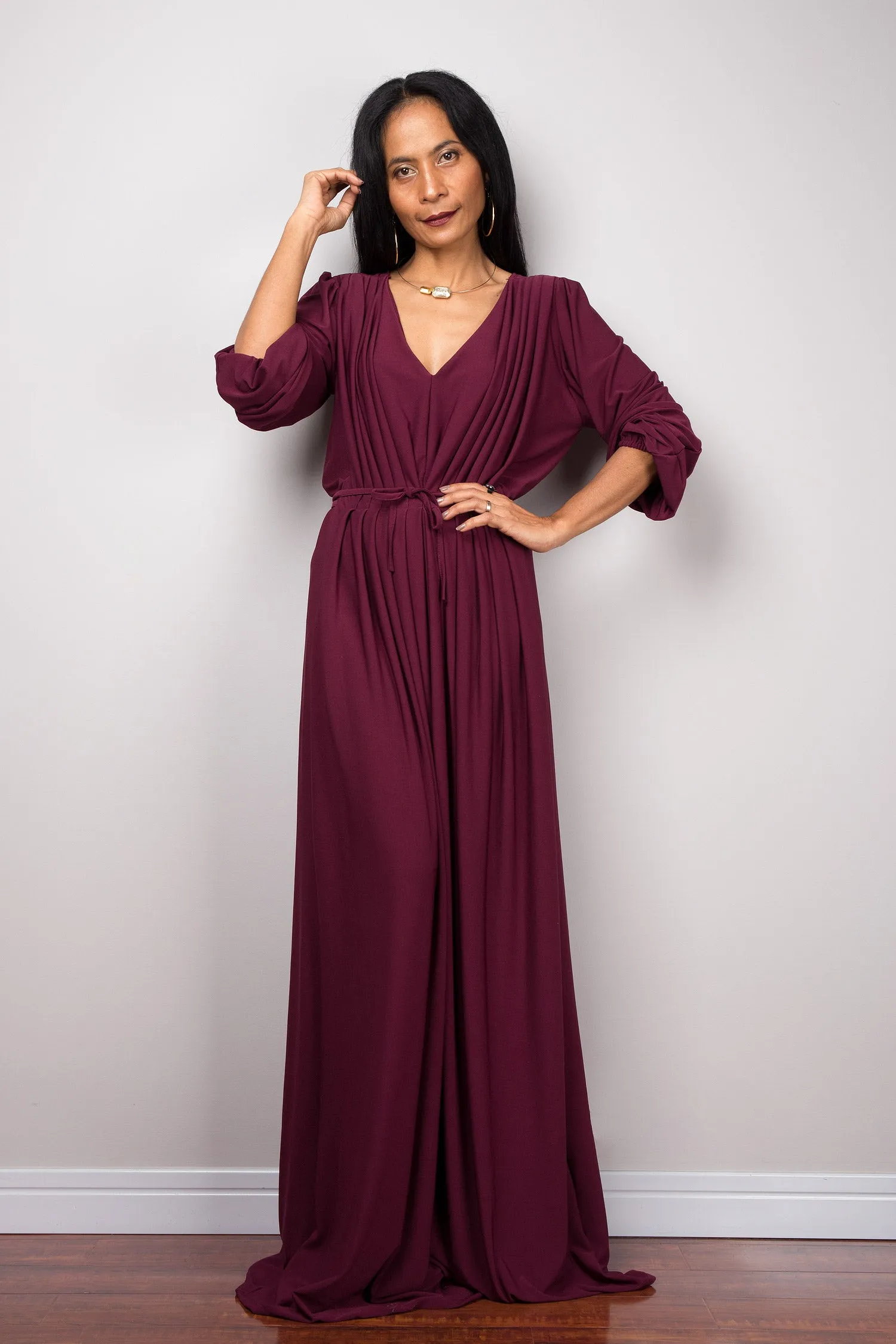 Purple maxi dress with long sleeves,  Pleated purple dress