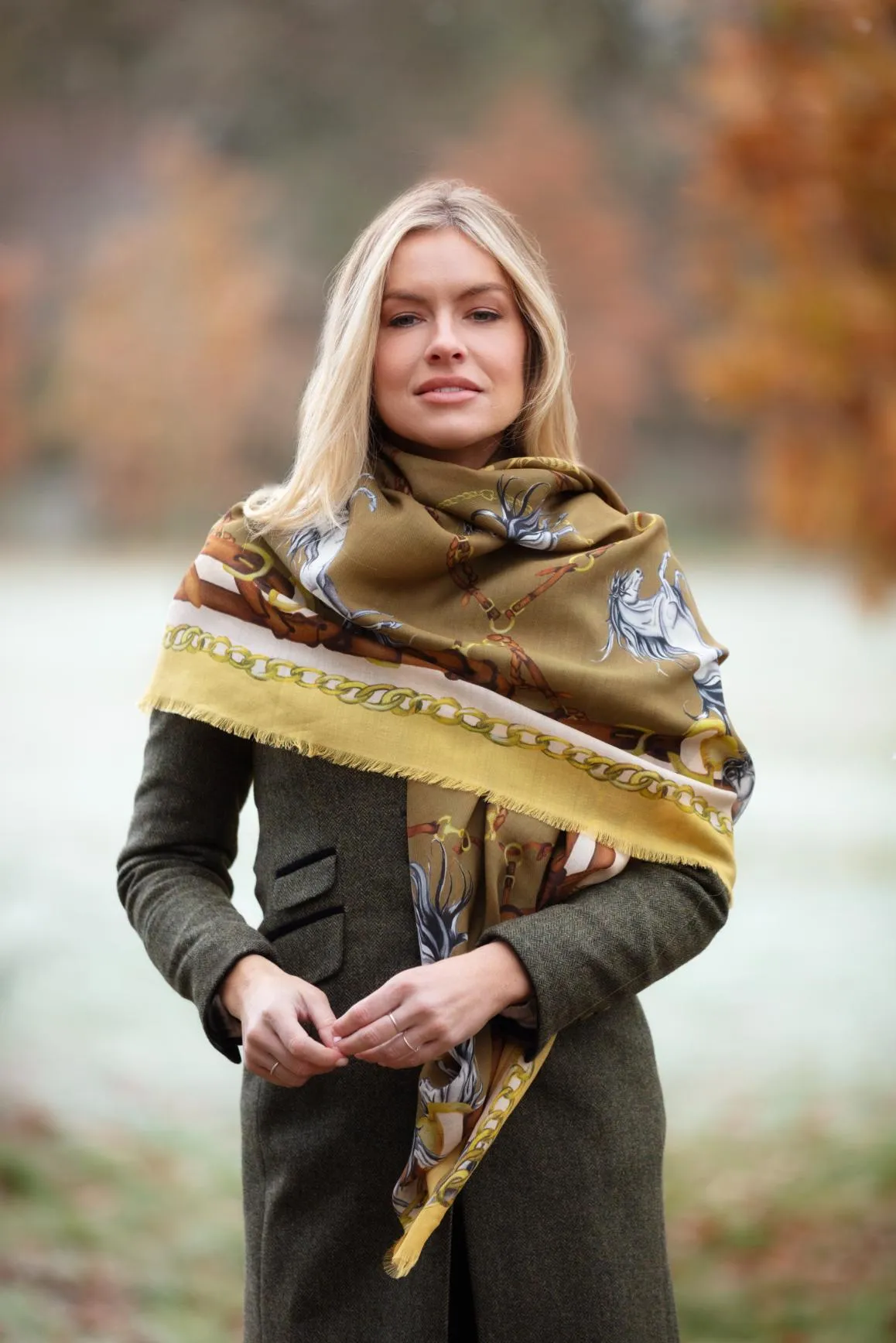 Rearing To Go Olive and Cream Wool Silk Shawl