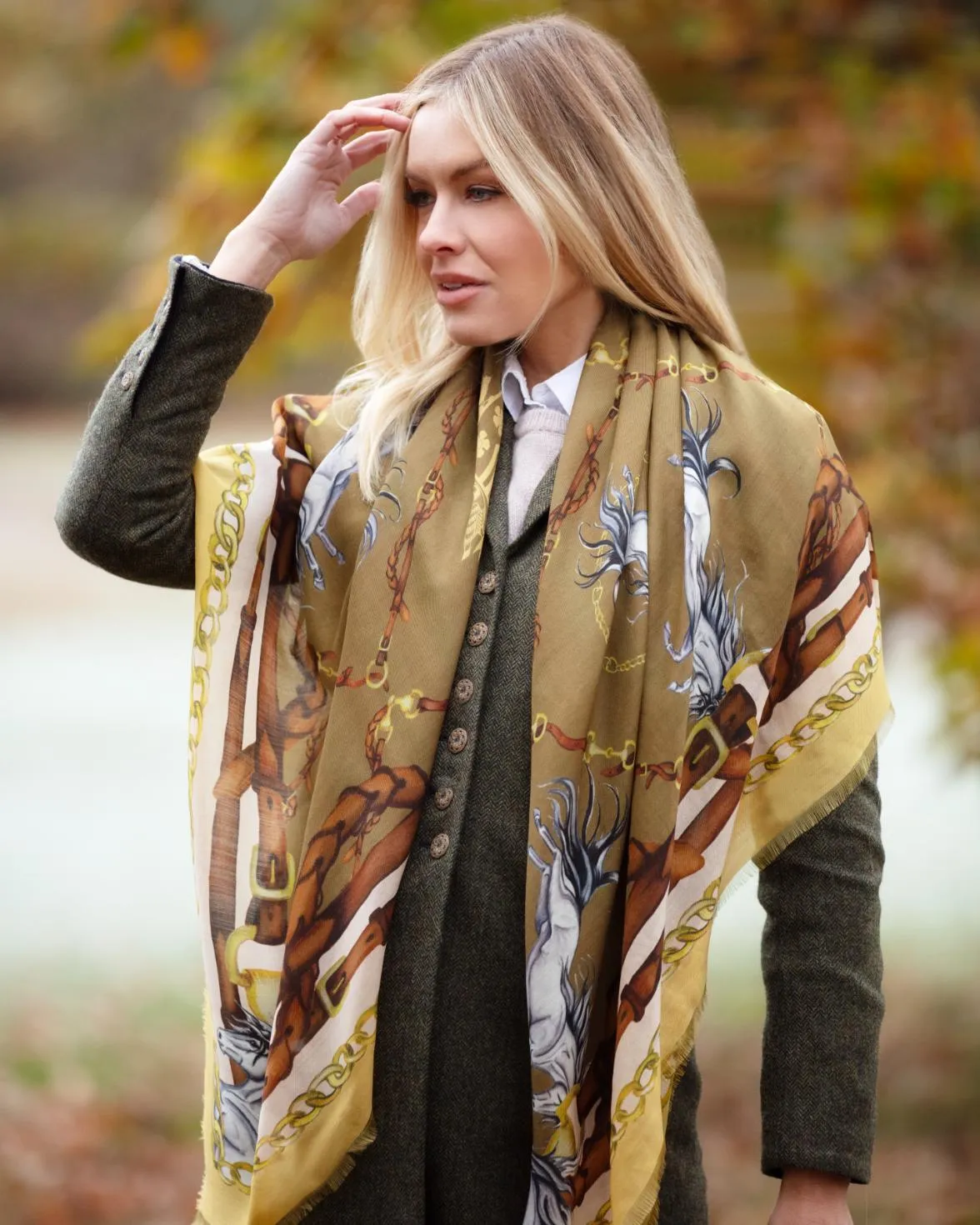 Rearing To Go Olive and Cream Wool Silk Shawl