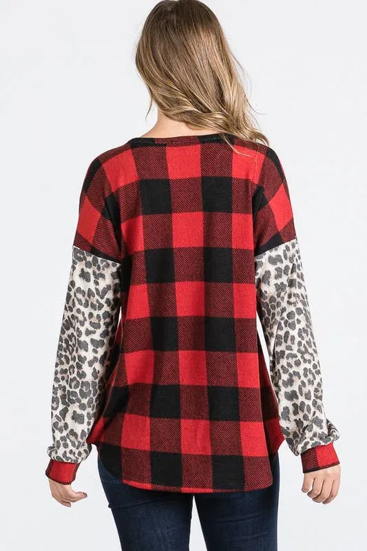 Red & Black Plaid & Animal Print Top