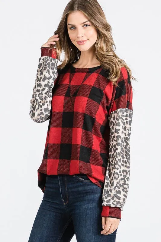 Red & Black Plaid & Animal Print Top