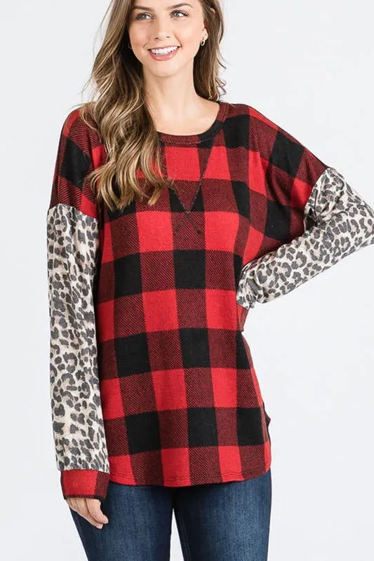 Red & Black Plaid & Animal Print Top