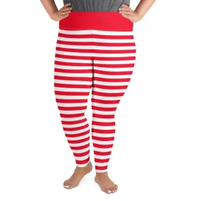 Red and White Striped Plus Size Women Leggings, Printed Christmas Elf Candy Cane Workout Gym Fun Yoga Pants Tights (2XL-6XL)