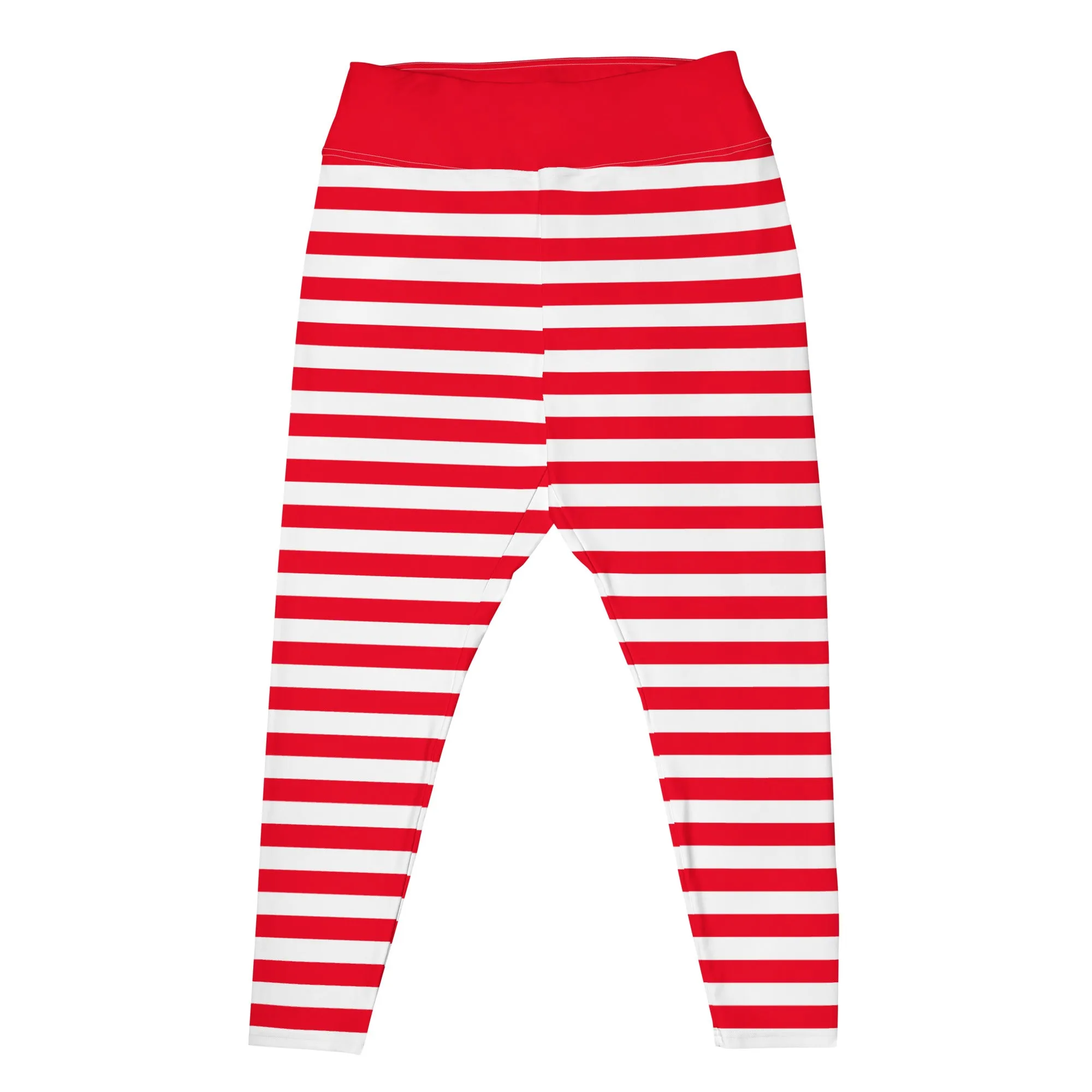 Red and White Striped Plus Size Women Leggings, Printed Christmas Elf Candy Cane Workout Gym Fun Yoga Pants Tights (2XL-6XL)