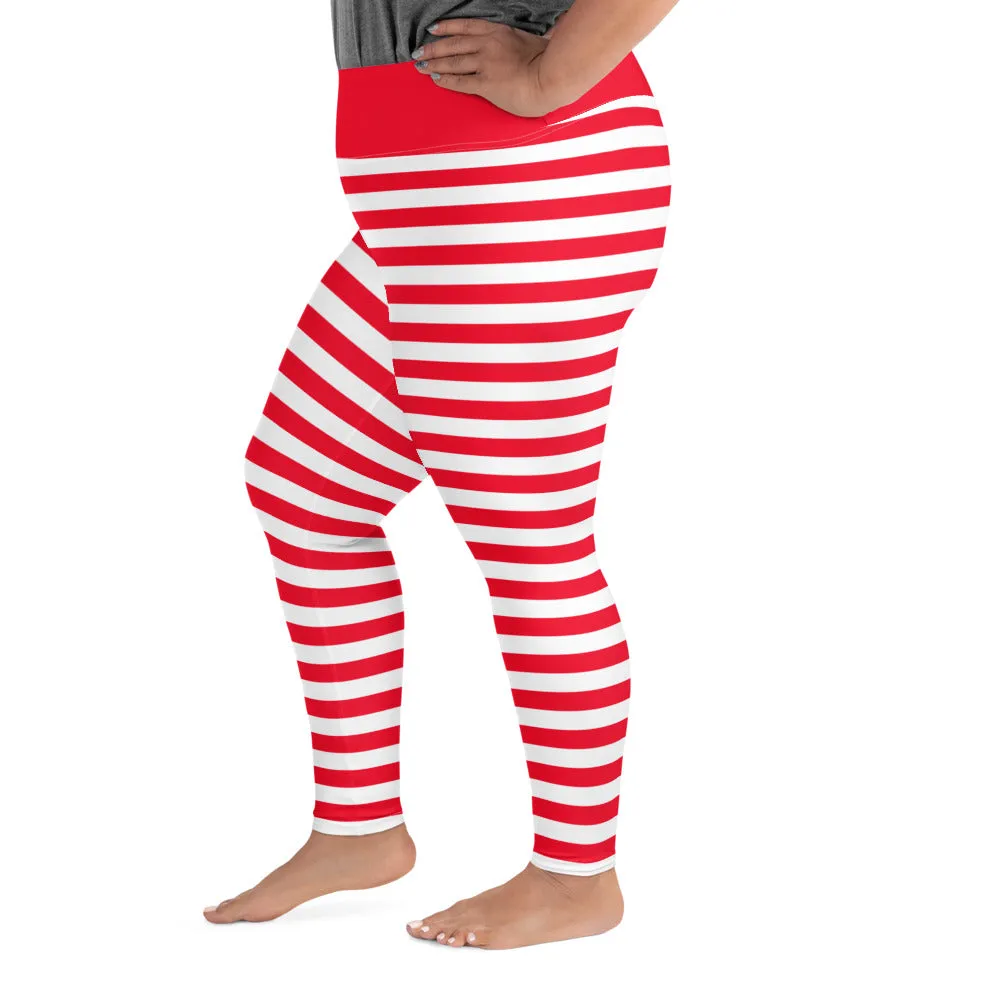 Red and White Striped Plus Size Women Leggings, Printed Christmas Elf Candy Cane Workout Gym Fun Yoga Pants Tights (2XL-6XL)