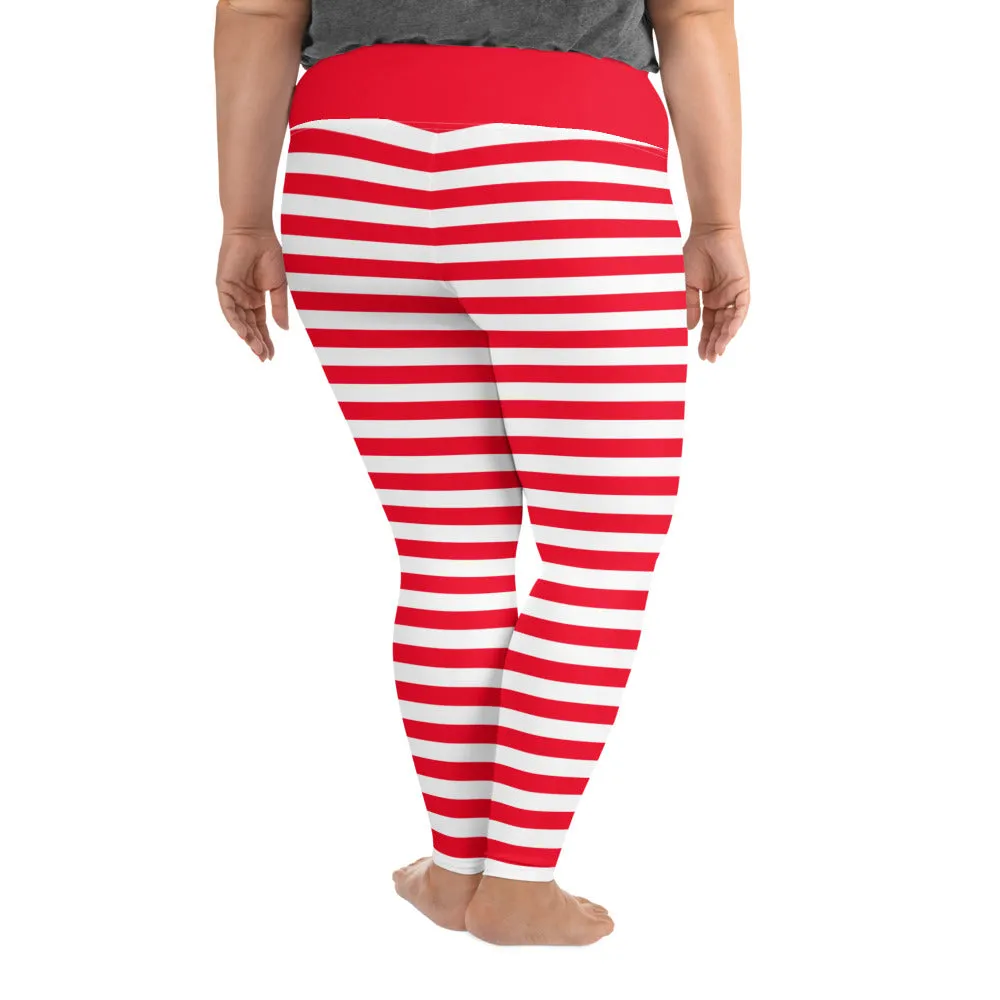 Red and White Striped Plus Size Women Leggings, Printed Christmas Elf Candy Cane Workout Gym Fun Yoga Pants Tights (2XL-6XL)