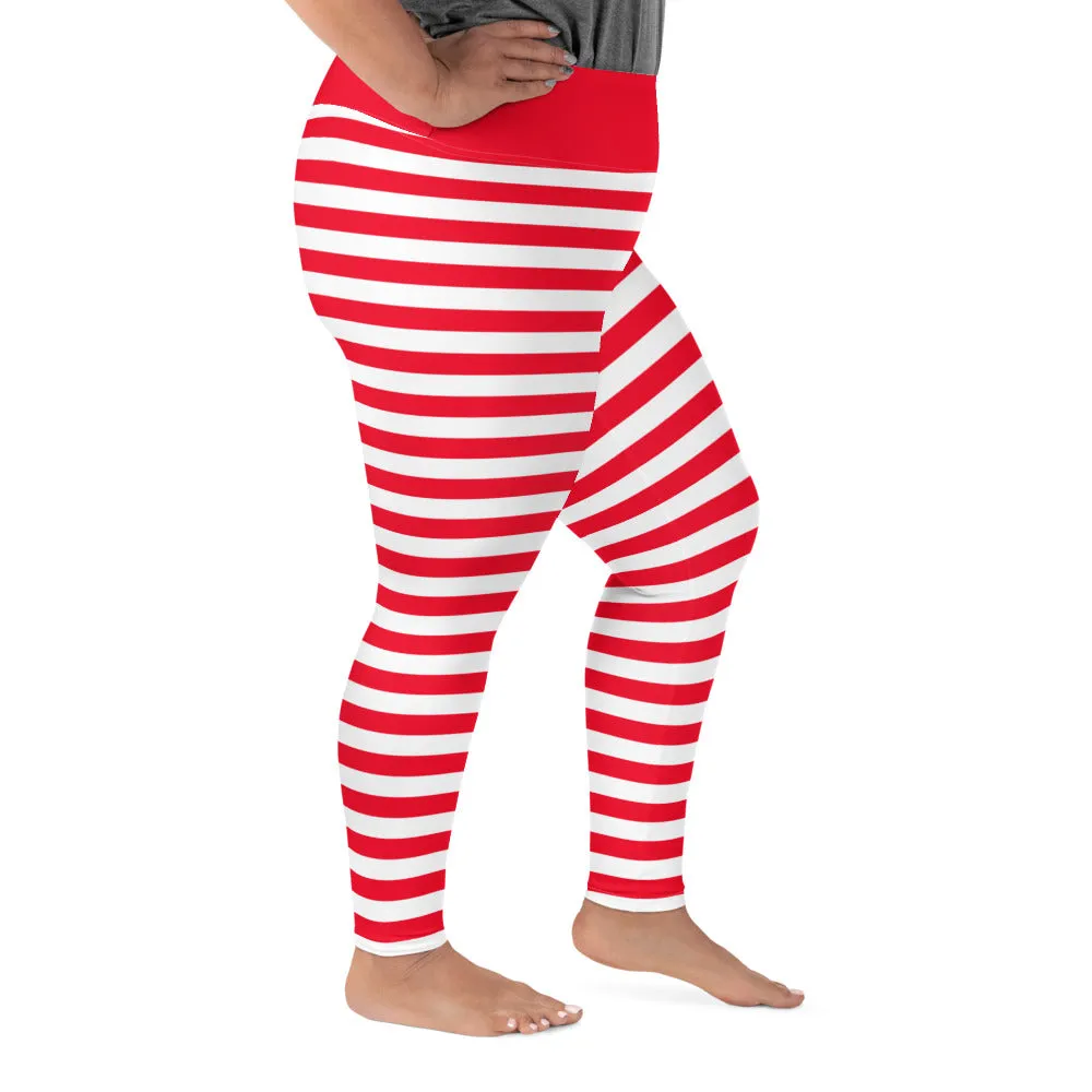 Red and White Striped Plus Size Women Leggings, Printed Christmas Elf Candy Cane Workout Gym Fun Yoga Pants Tights (2XL-6XL)