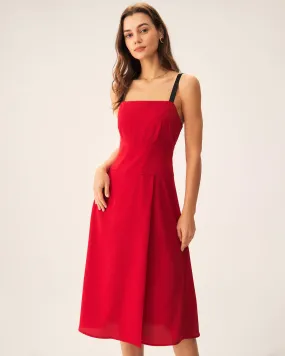 Red Contrast Slit Slip Midi Dress