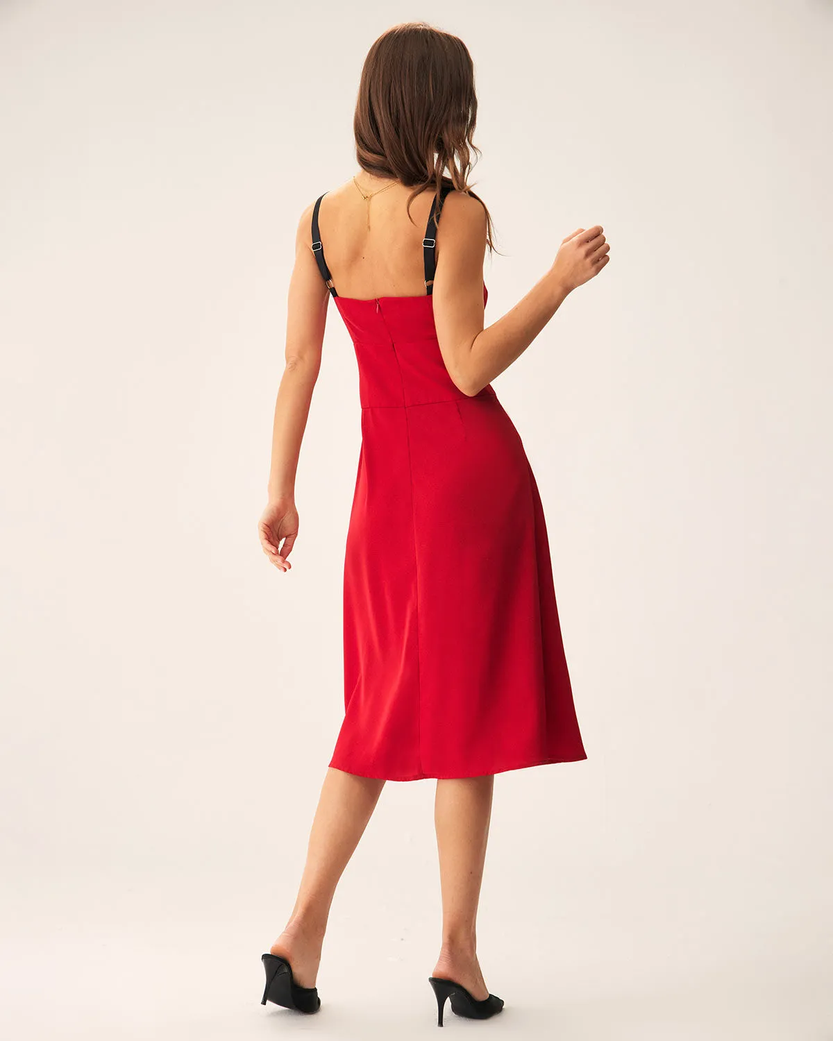 Red Contrast Slit Slip Midi Dress