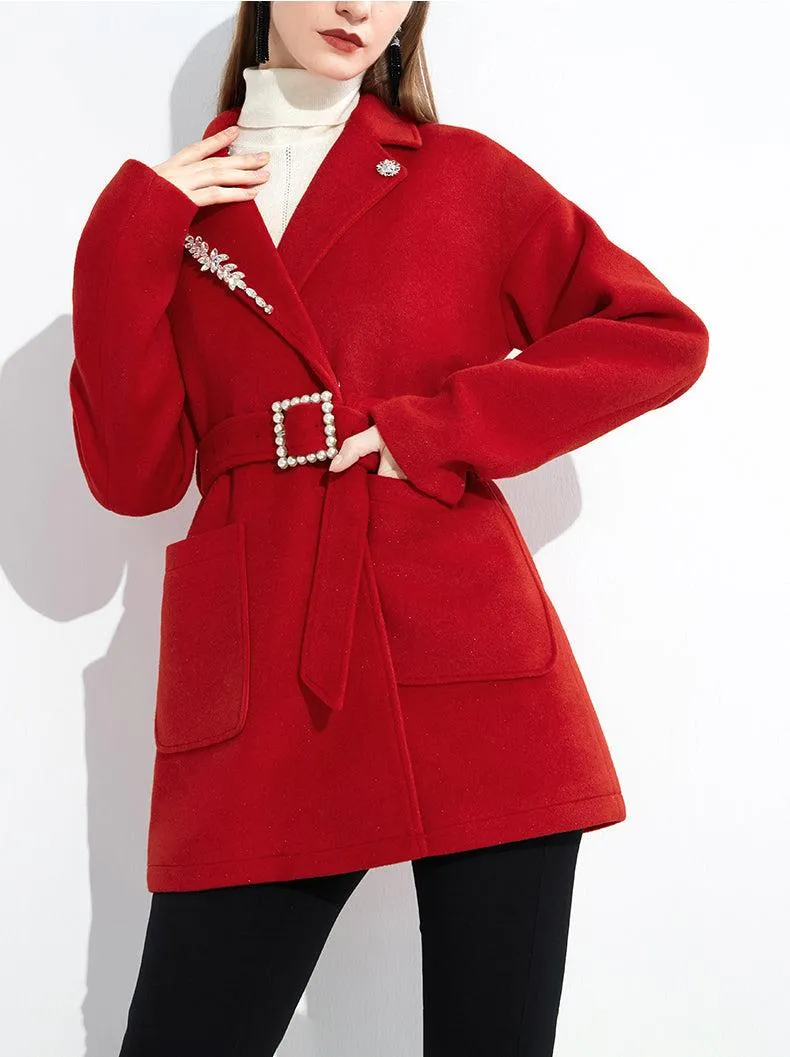 Red Wool Blend Belted Coat