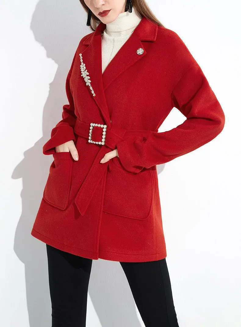 Red Wool Blend Belted Coat