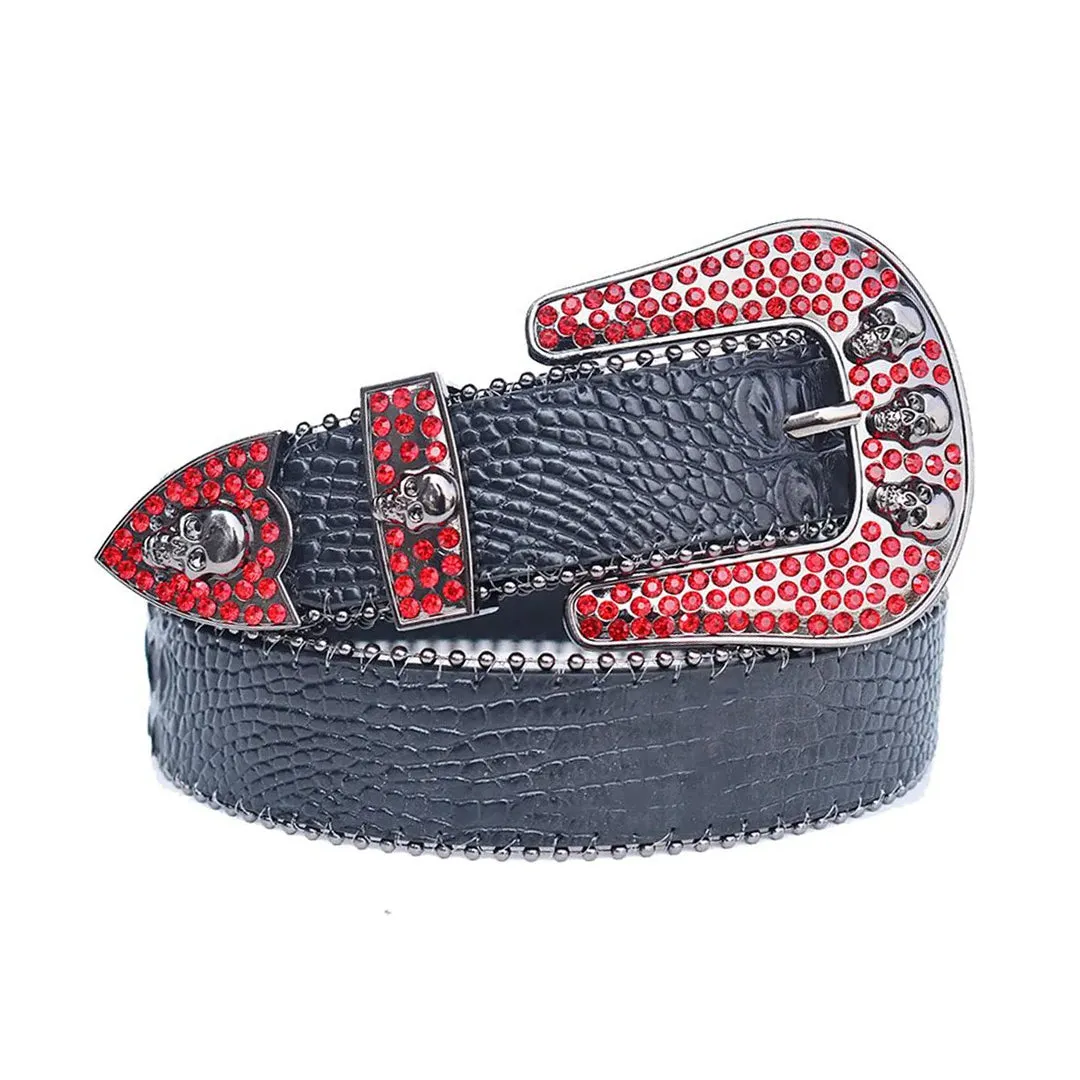 Rhinestone Red Belt With Black Textured Strap and Skull Buckles