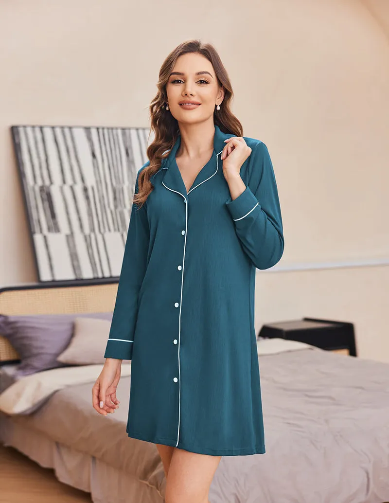 Ribbed Knit Button Down Pajama Dress (US Only)