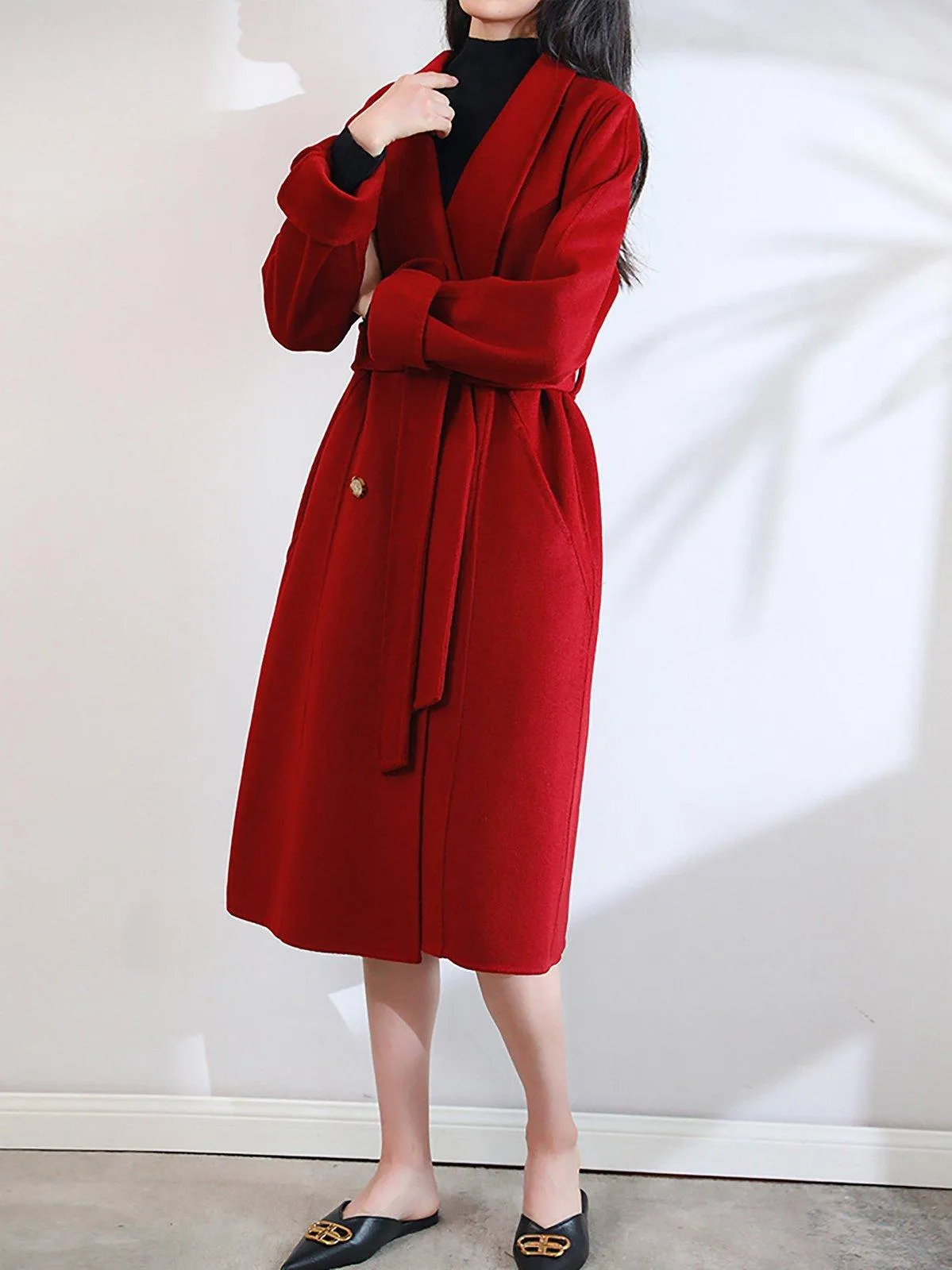 Roll-Up Sleeve Belted Long Wool coat