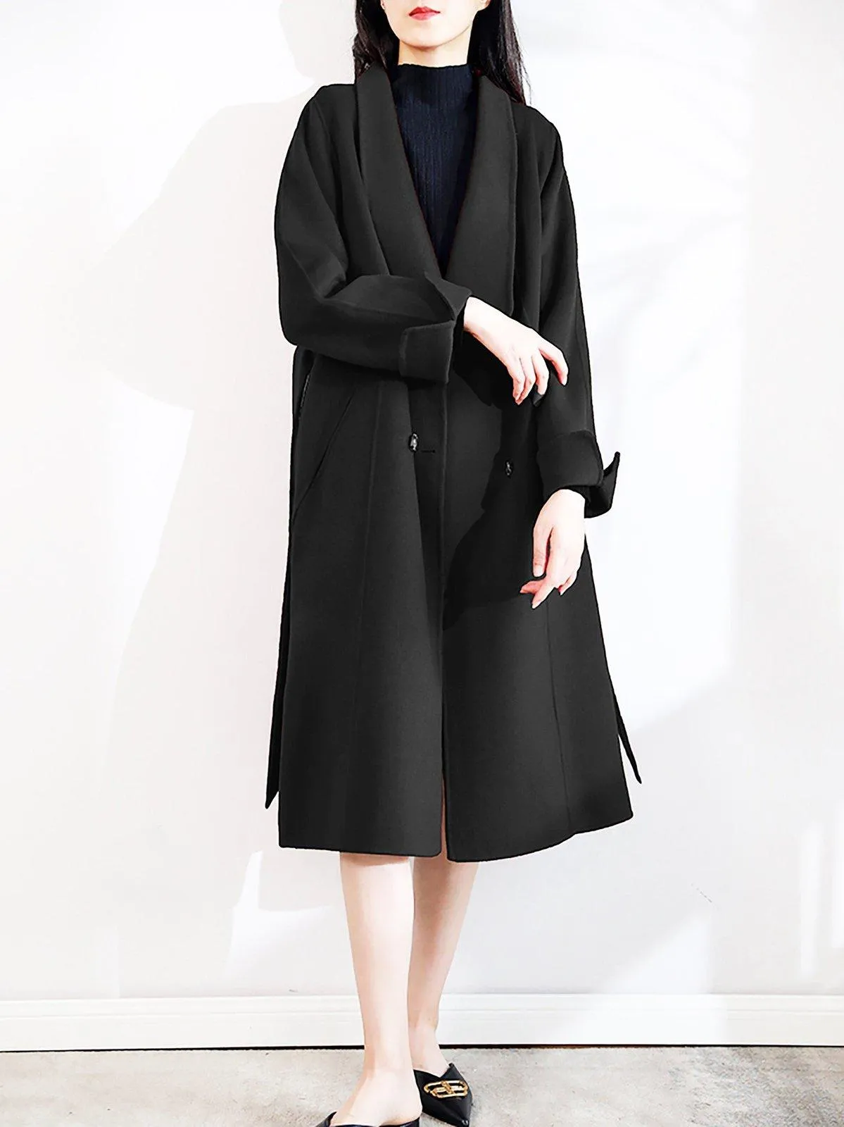 Roll-Up Sleeve Belted Long Wool coat