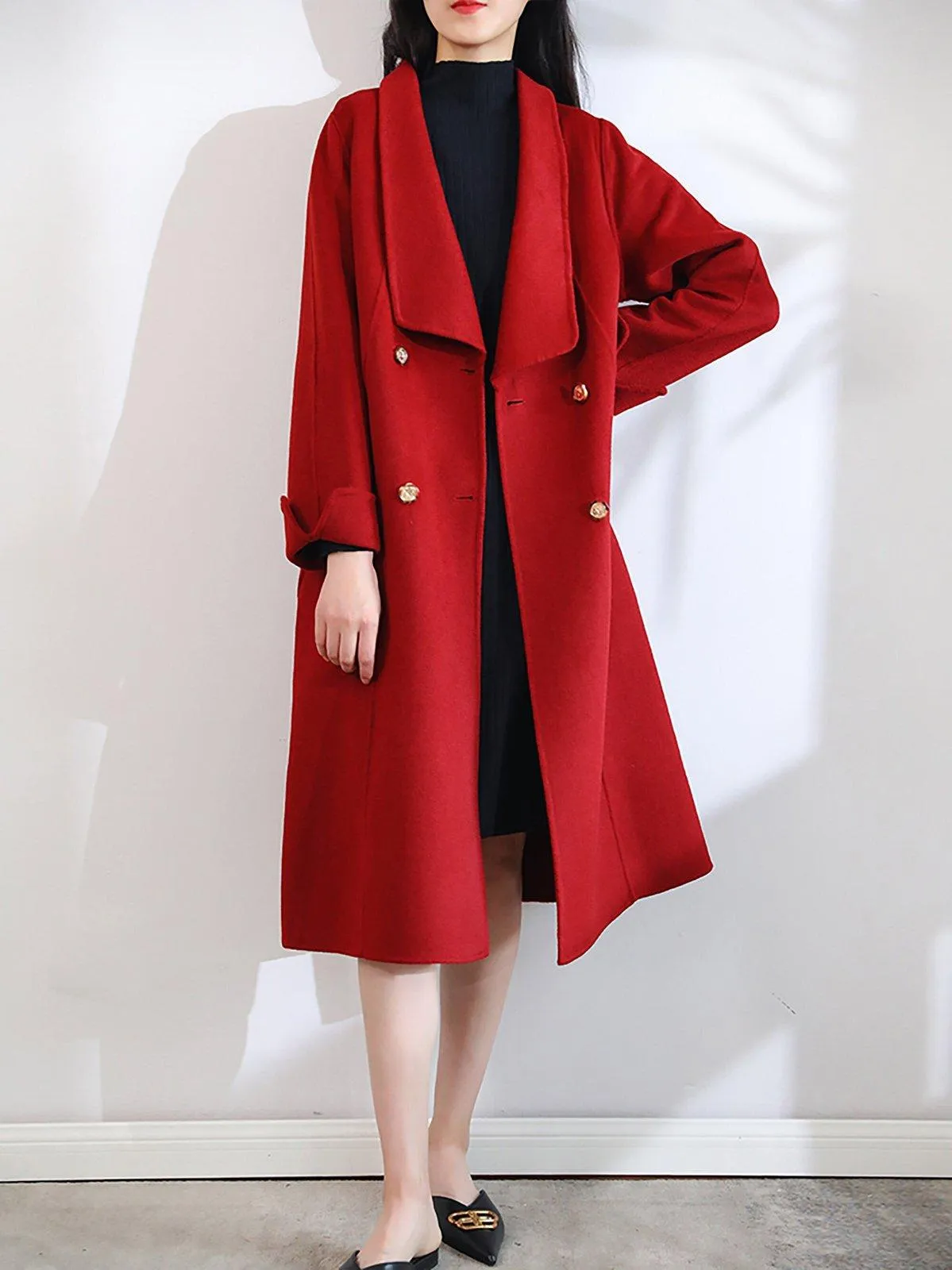 Roll-Up Sleeve Belted Long Wool coat