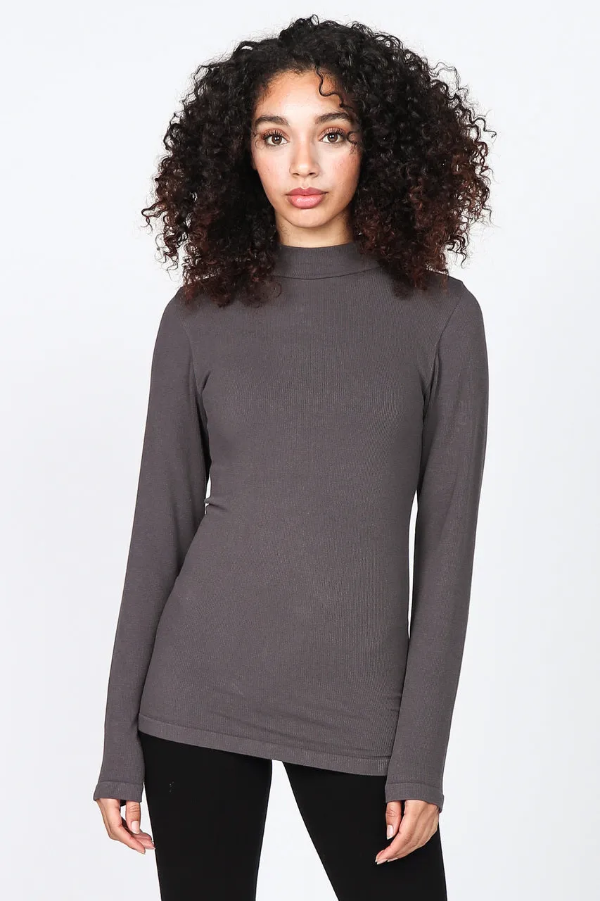 S4902 Ribbed Mock Neck Long Sleeve Basic Top