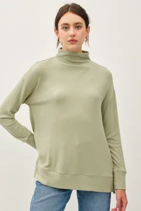 Sage Side Slit Mock Neck Long Sleeve Tunic Top