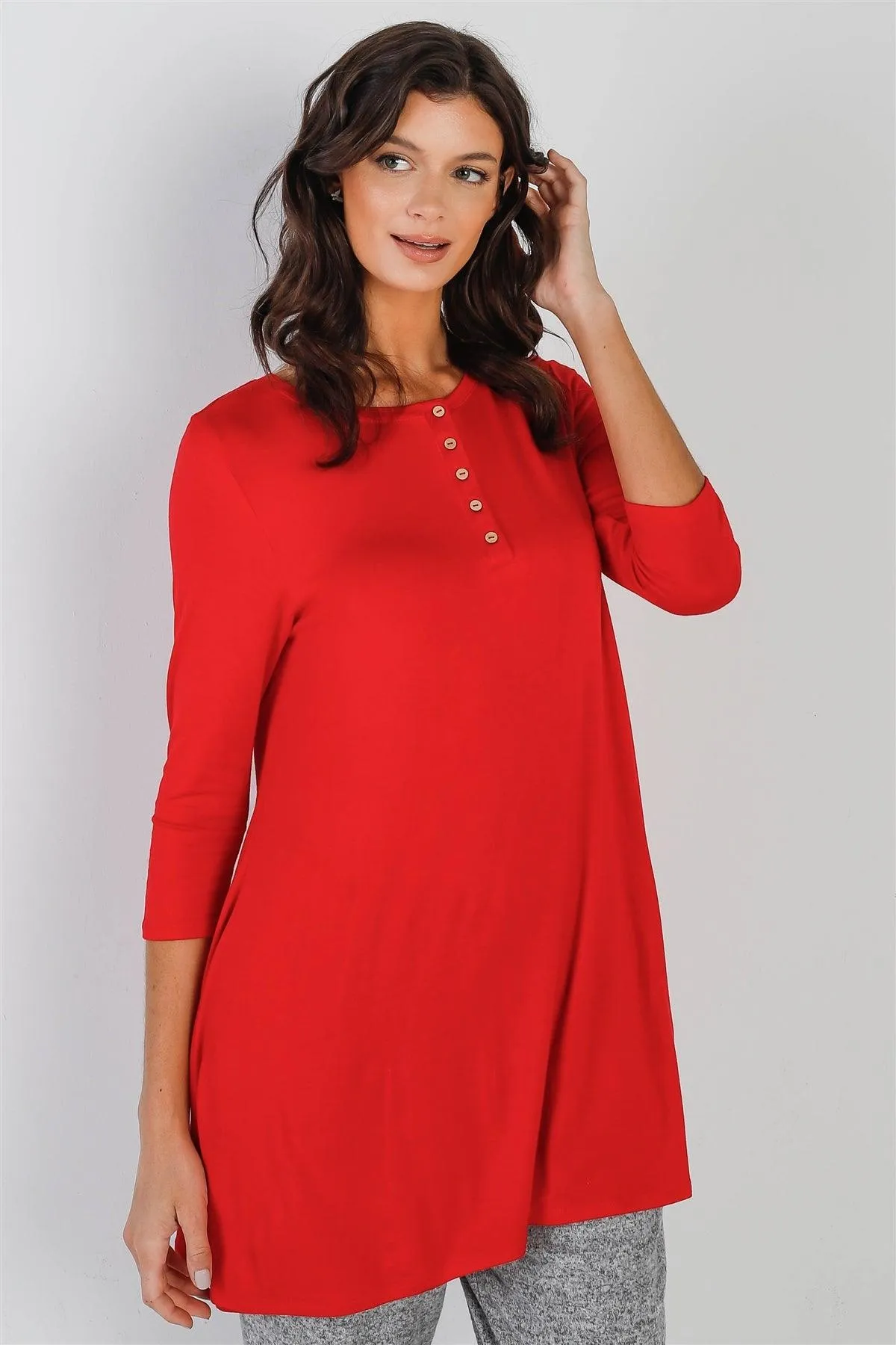 Scarlet Button Up Detail Midi Sleeve Relaxed Fit Tunic Top /1-2-2-1