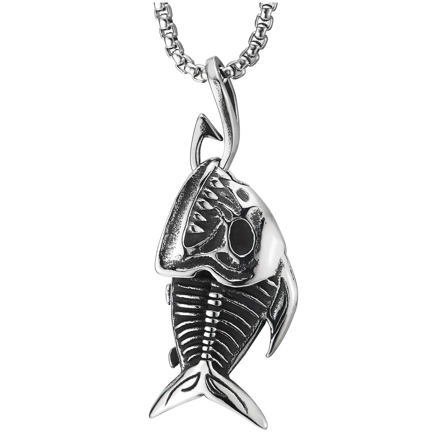 Shark Sharp Teeth Fish Skeleton Bone Pendant Necklace Steel Gothic Style, 30 inches Wheat Chain