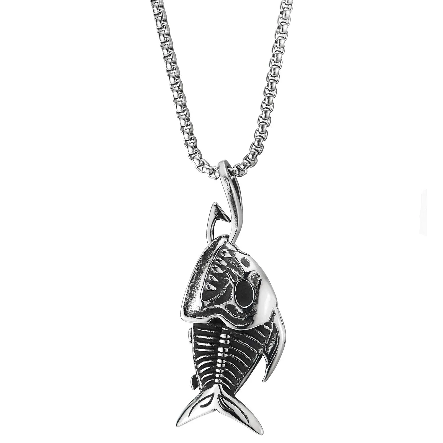 Shark Sharp Teeth Fish Skeleton Bone Pendant Necklace Steel Gothic Style, 30 inches Wheat Chain