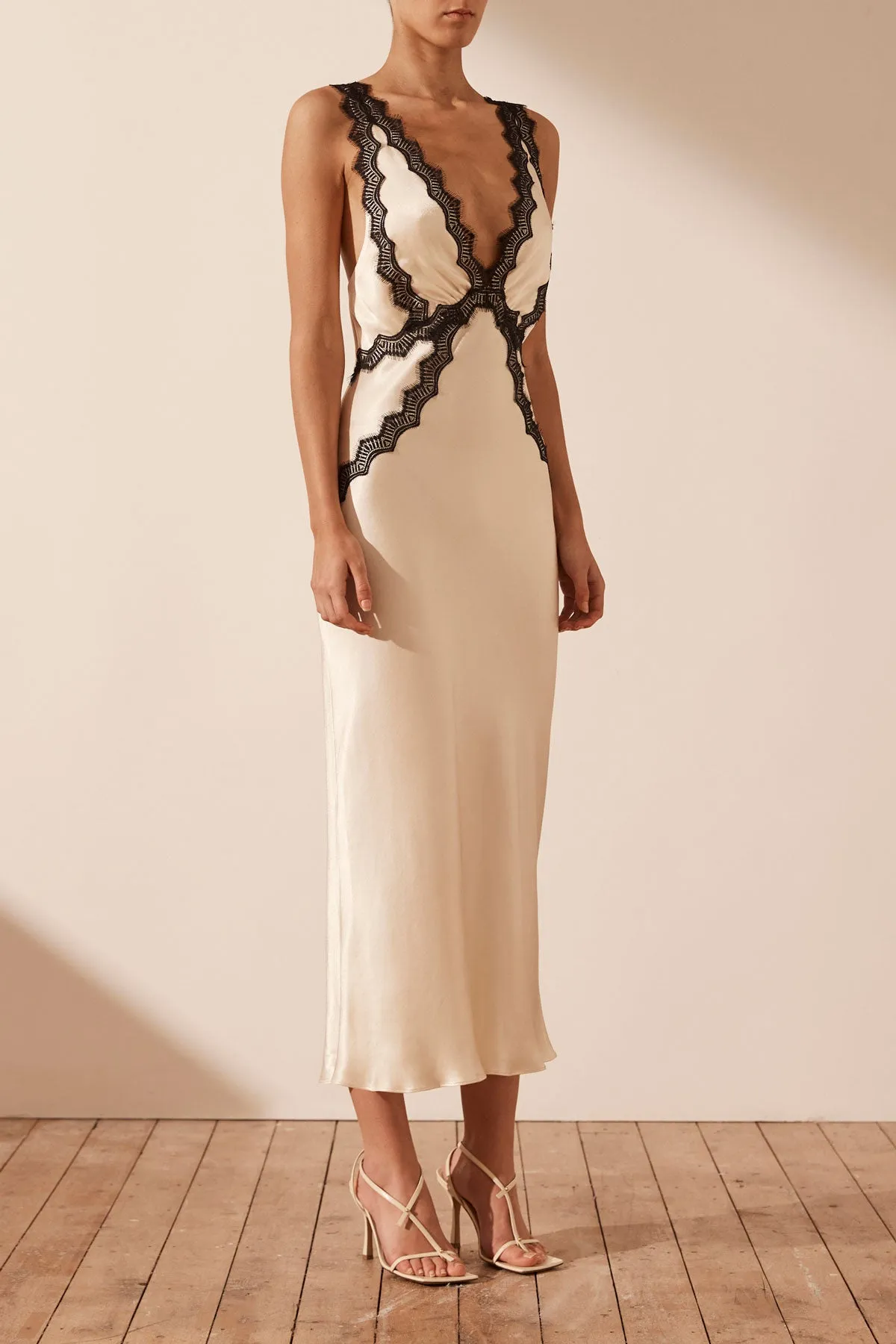 Shona Joy Camille Lace Cross Back Midi Dress Cream