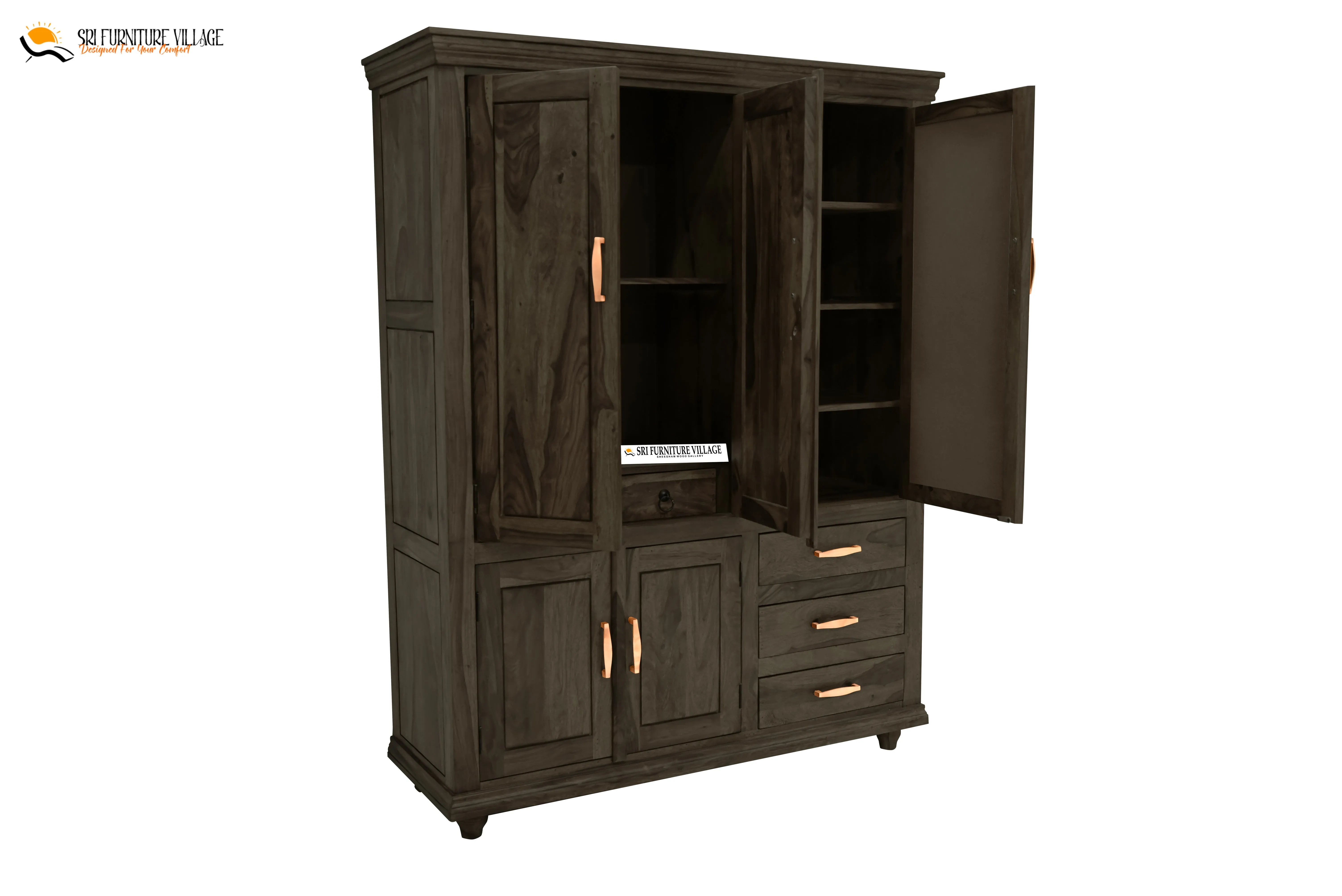 Solid Sheesham Wood Plain 5 Door & Drawer's Wardrobe (Natural Finish) - 6123