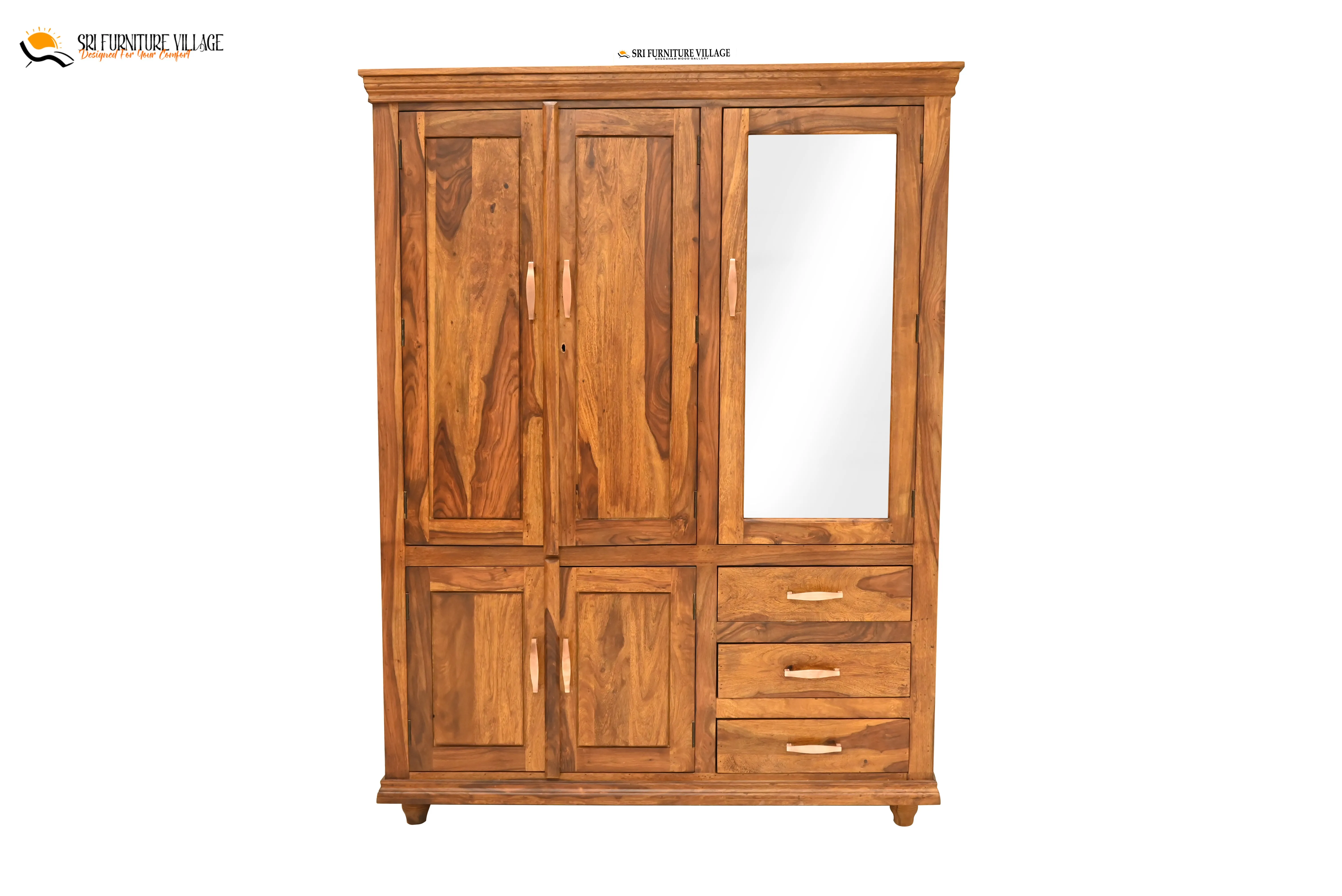 Solid Sheesham Wood Plain 5 Door & Drawer's Wardrobe (Natural Finish) - 6123