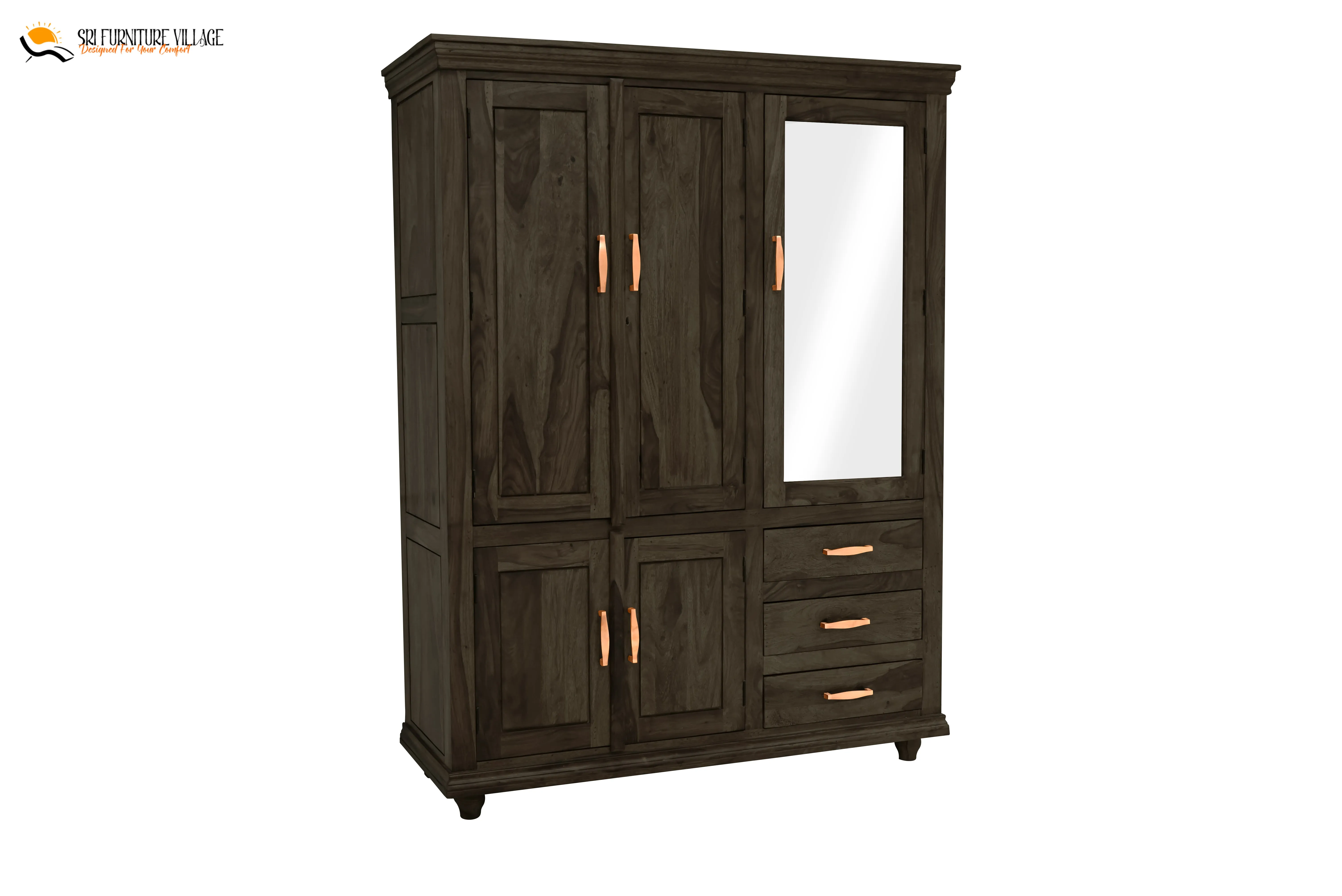 Solid Sheesham Wood Plain 5 Door & Drawer's Wardrobe (Natural Finish) - 6123