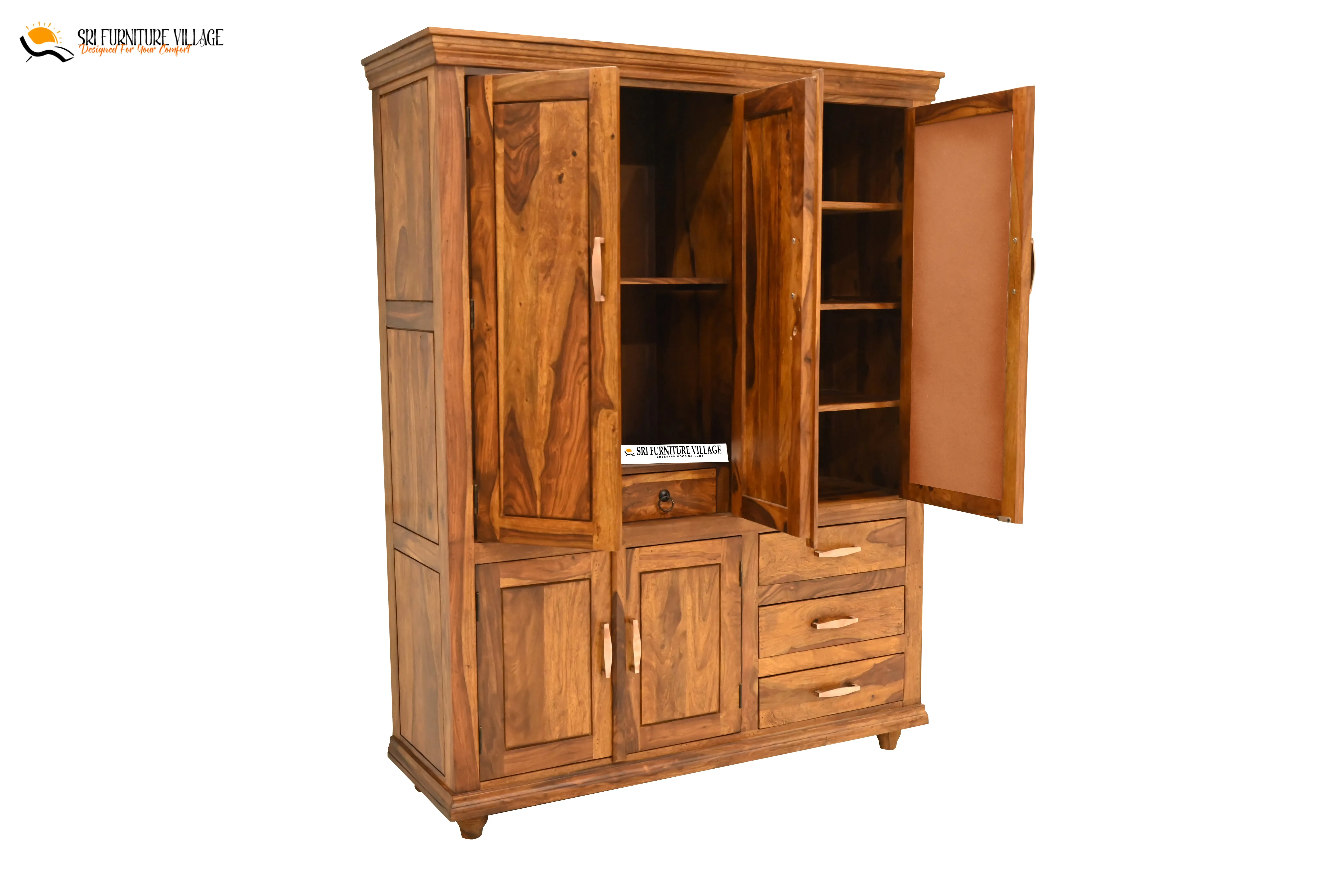 Solid Sheesham Wood Plain 5 Door & Drawer's Wardrobe (Natural Finish) - 6123