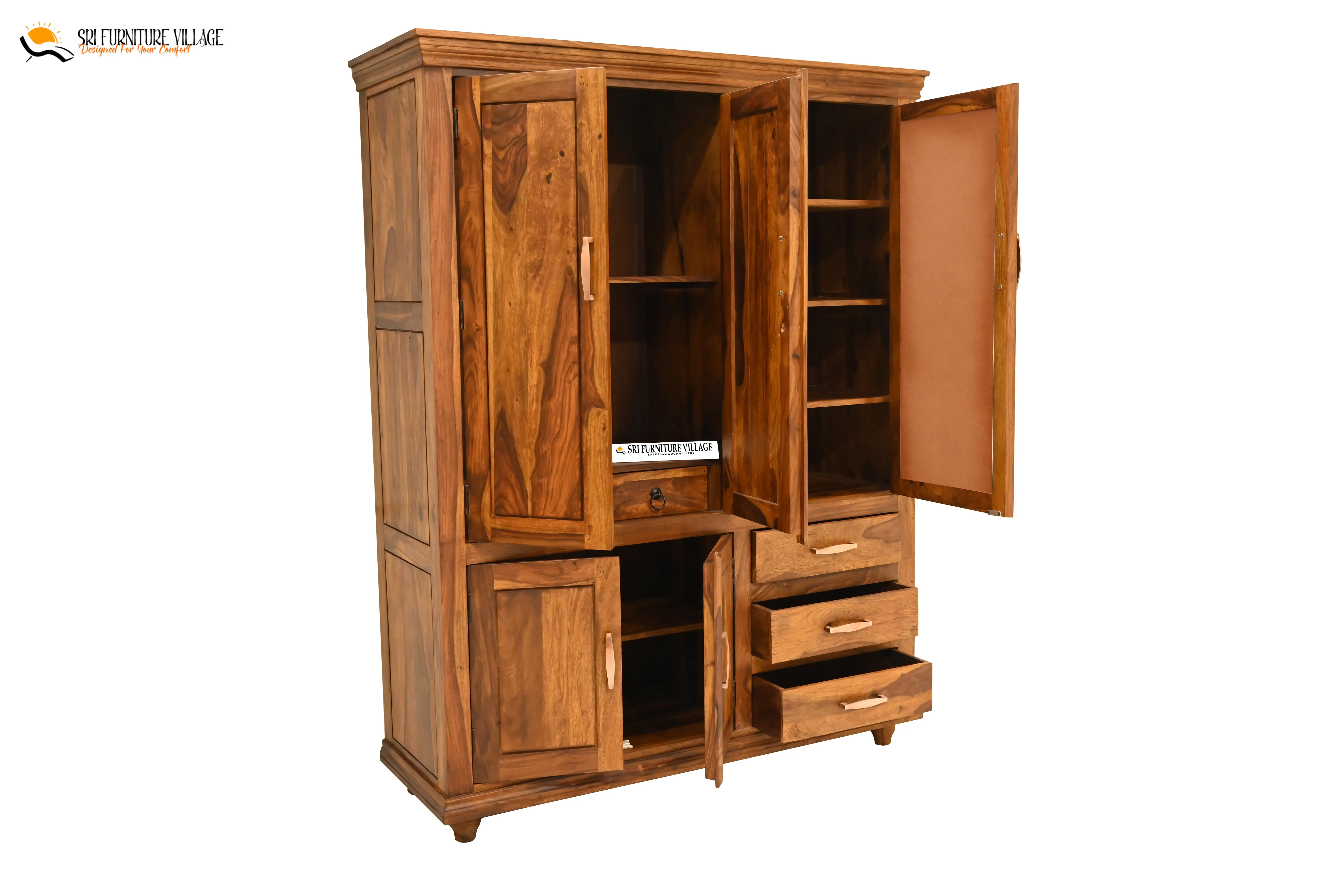 Solid Sheesham Wood Plain 5 Door & Drawer's  Wardrobe (Stone Finish) - 6123