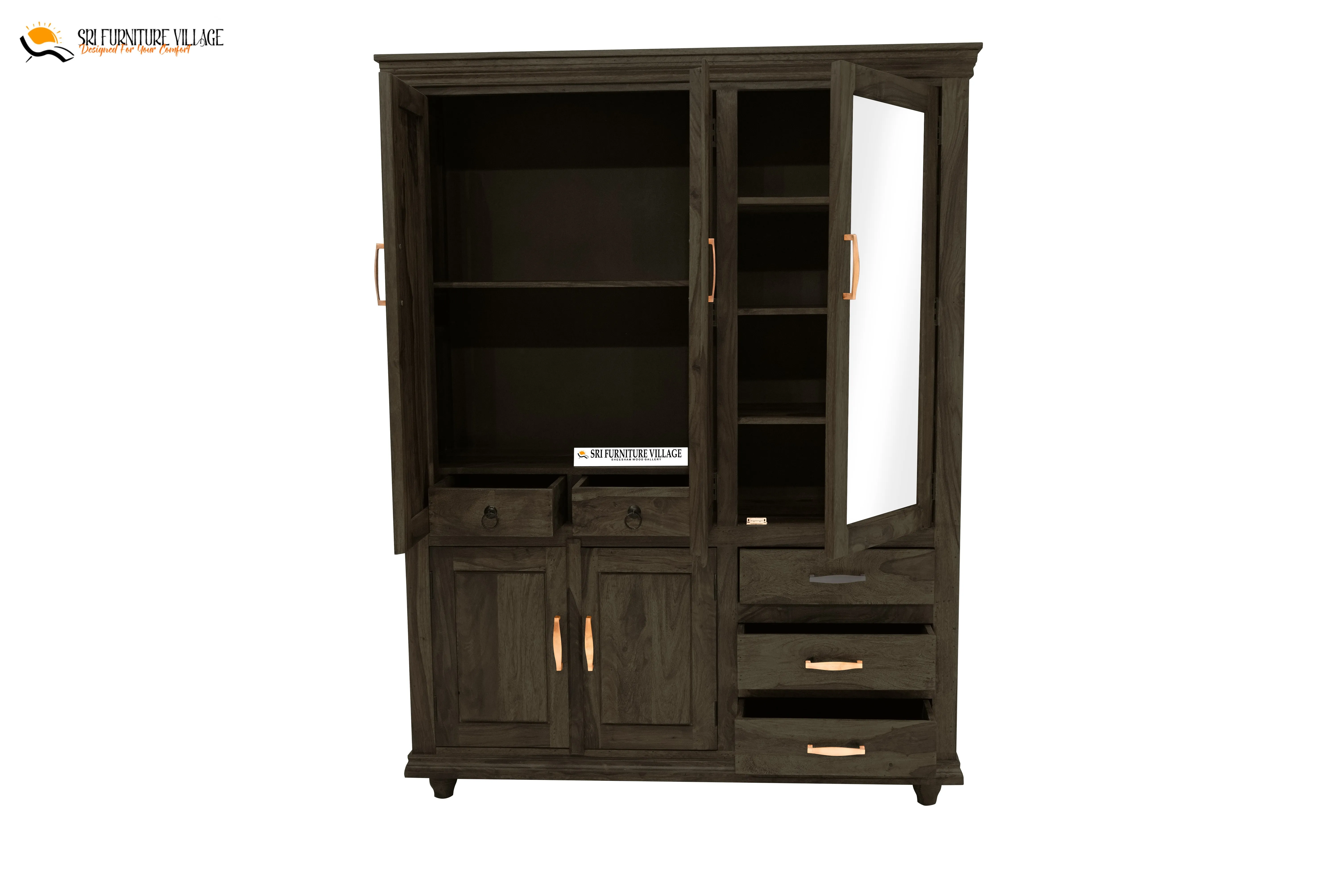 Solid Sheesham Wood Plain 5 Door & Drawer's  Wardrobe (Stone Finish) - 6123