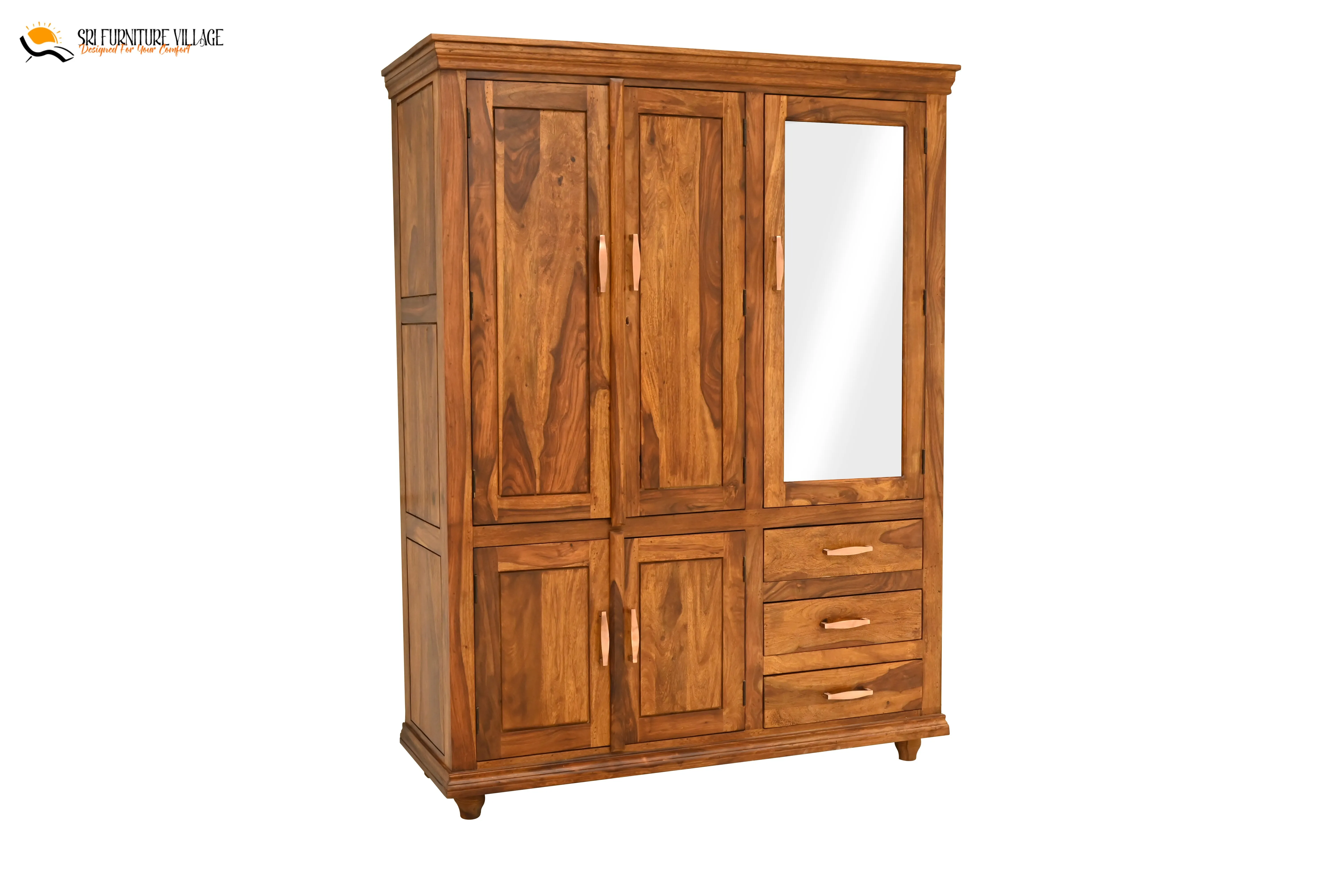 Solid Sheesham Wood Plain 5 Door & Drawer's  Wardrobe (Stone Finish) - 6123