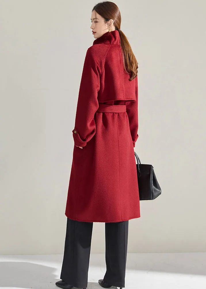 Stand Collar Belted Wrap Wool Long Coat