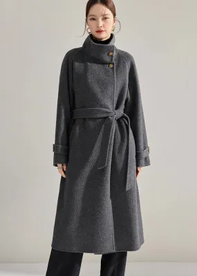 Stand Collar Belted Wrap Wool Long Coat