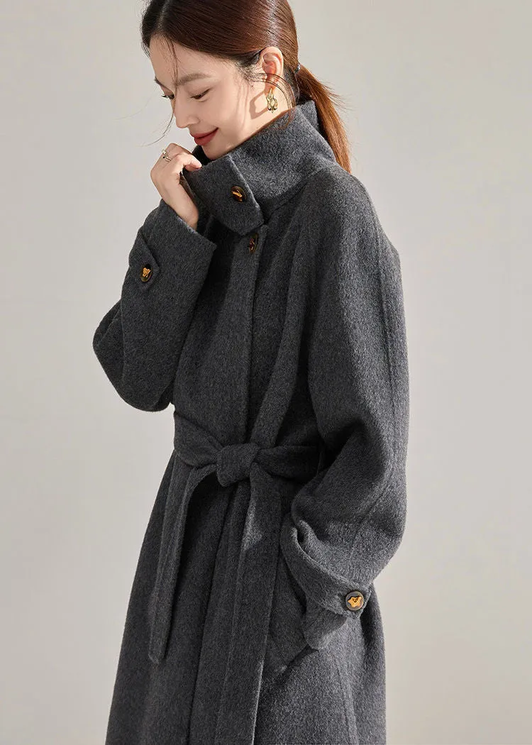 Stand Collar Belted Wrap Wool Long Coat