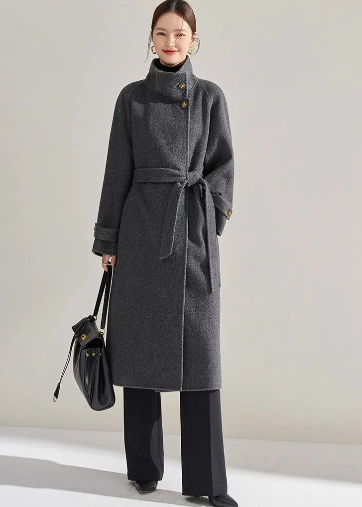 Stand Collar Belted Wrap Wool Long Coat