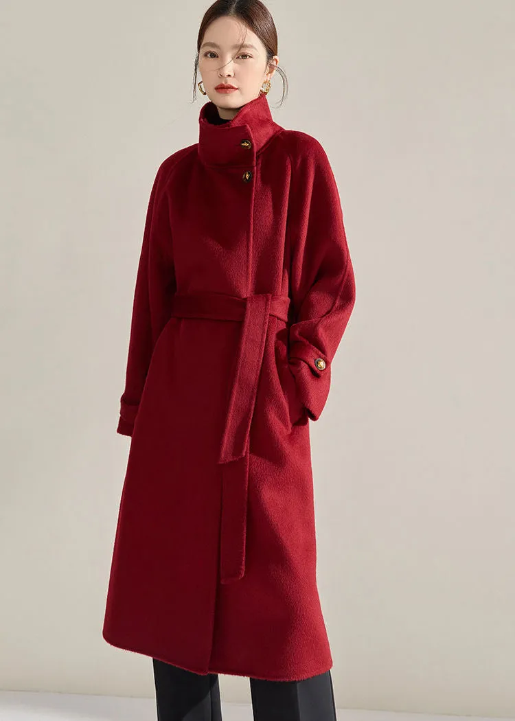 Stand Collar Belted Wrap Wool Long Coat