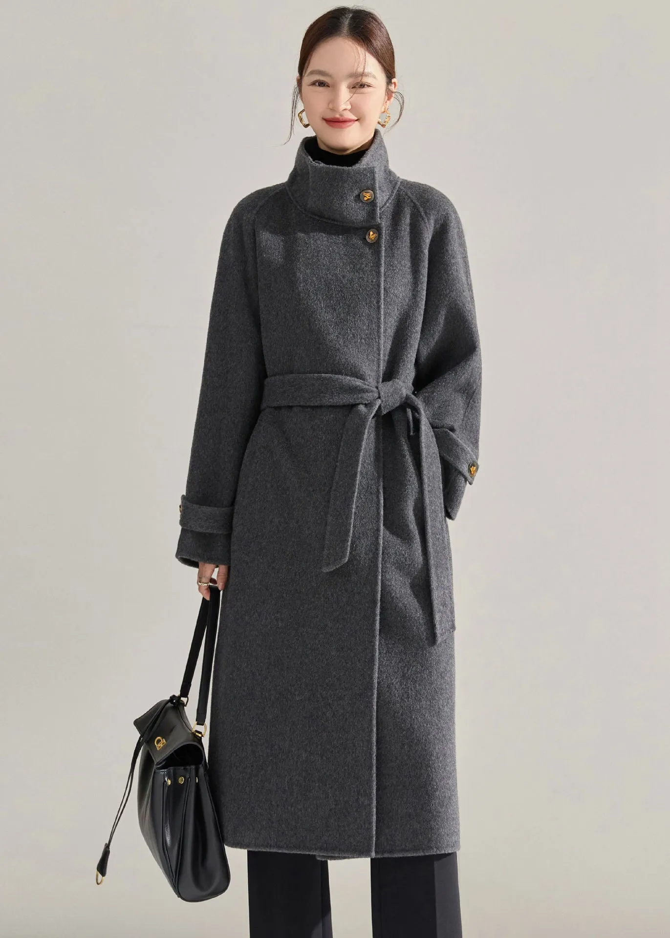 Stand Collar Belted Wrap Wool Long Coat