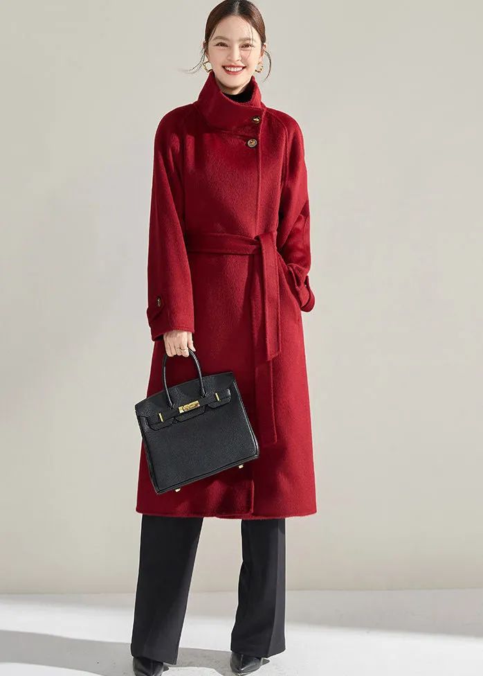 Stand Collar Belted Wrap Wool Long Coat