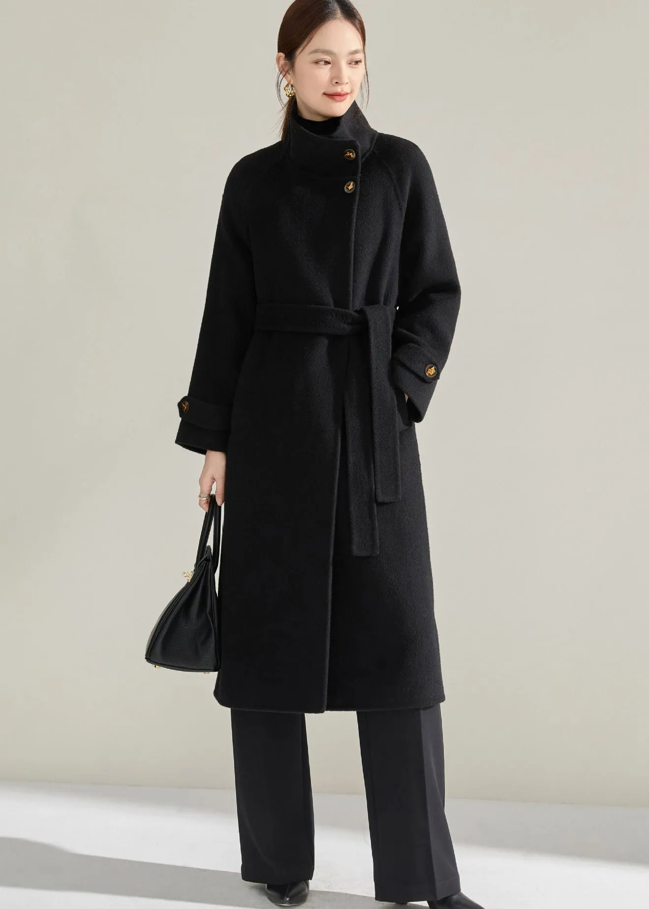 Stand Collar Belted Wrap Wool Long Coat