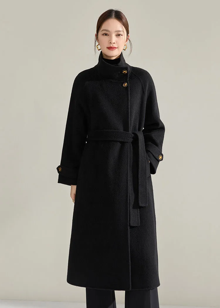 Stand Collar Belted Wrap Wool Long Coat