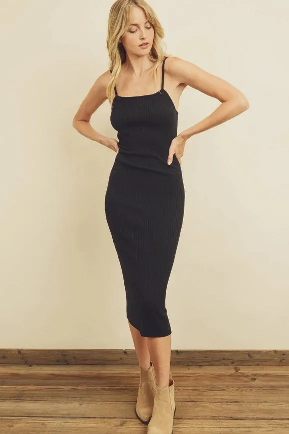 Straight Neck Ribbed Bodycon Dress Black