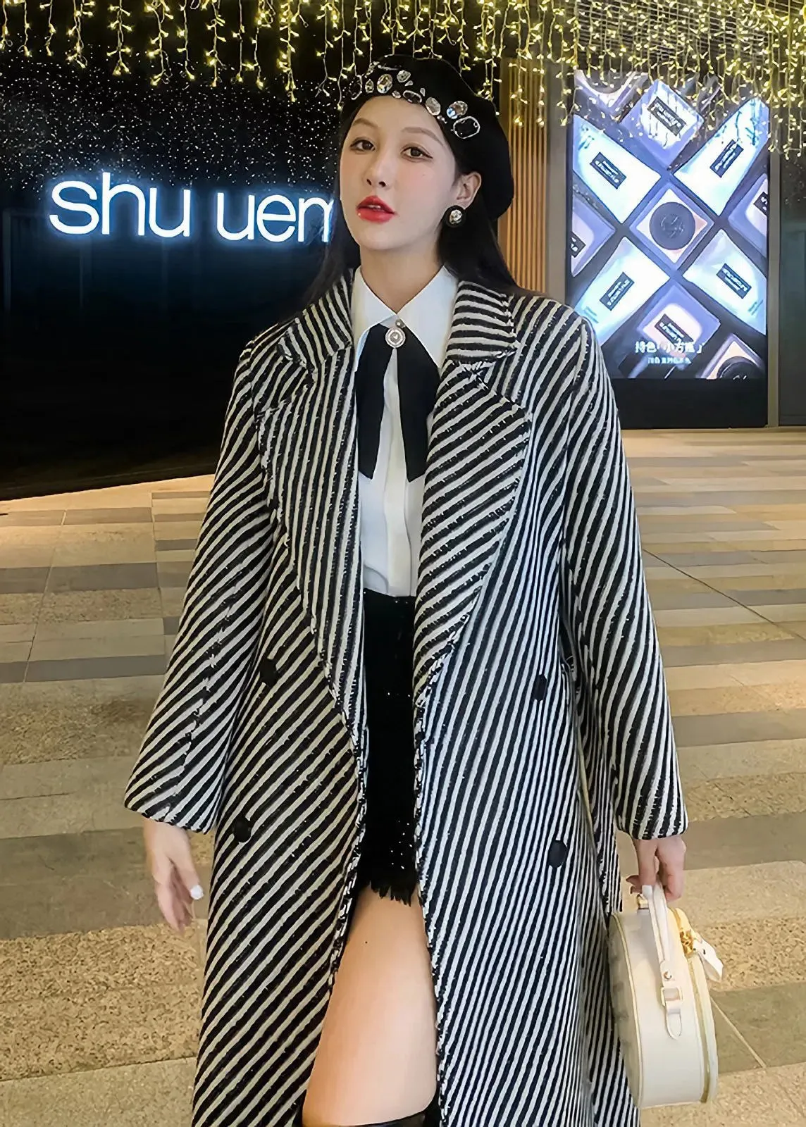 Striped Twill Double Breasted Wool Blend Coat