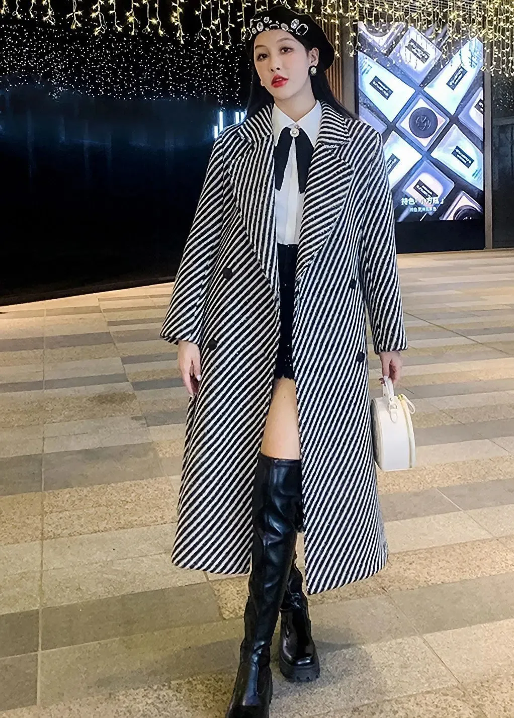 Striped Twill Double Breasted Wool Blend Coat